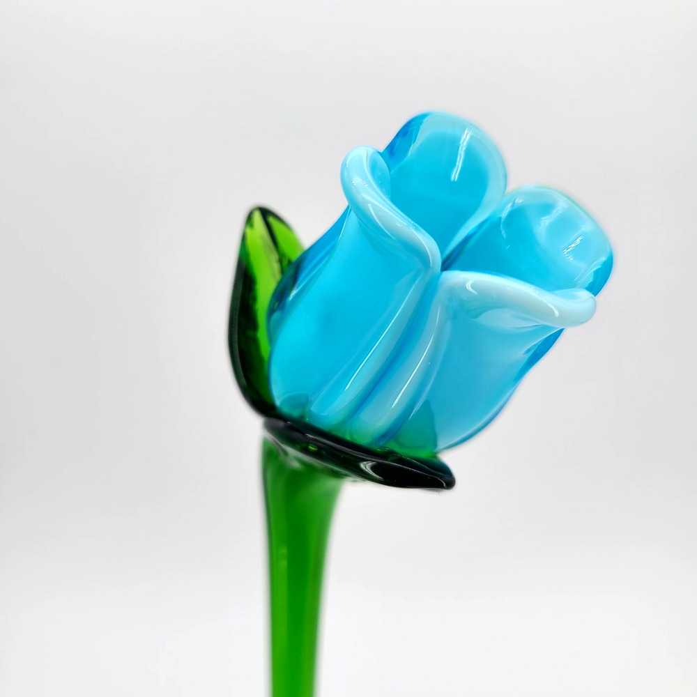 Vintage Blown Art Glass Long 12" Green Stemmed Blue Rose Bud Decorative Flower - Picture 5 of 6